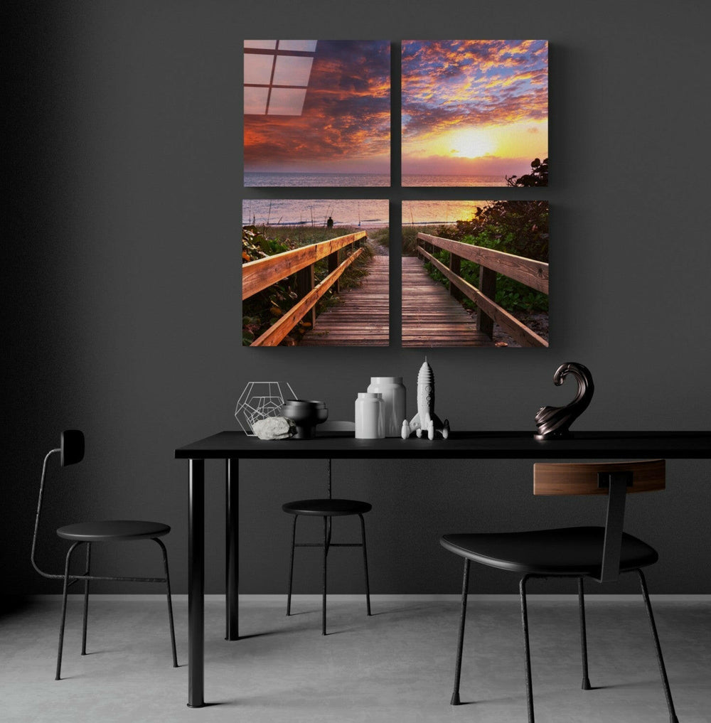 Ufuk Çizgisi Quadro 4 Parçalı Cam Tablo.