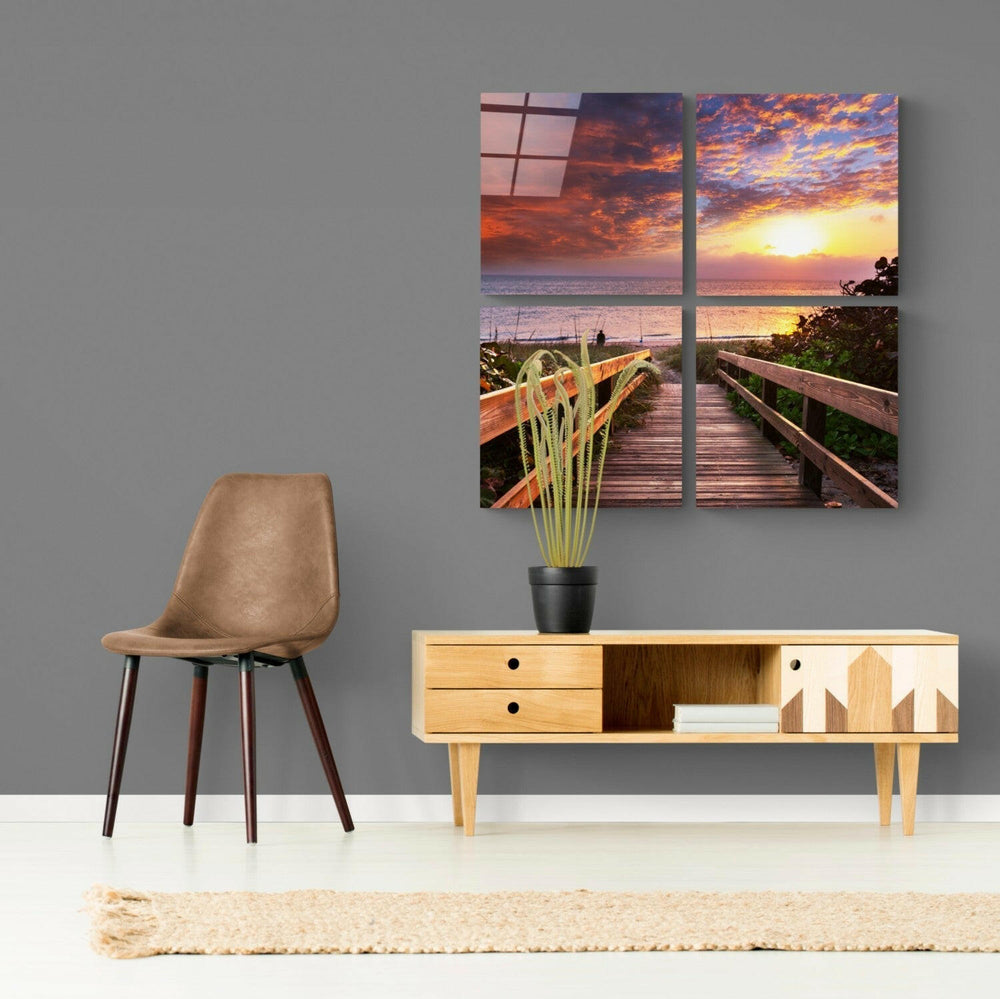 Ufuk Çizgisi Quadro 4 Parçalı Cam Tablo.